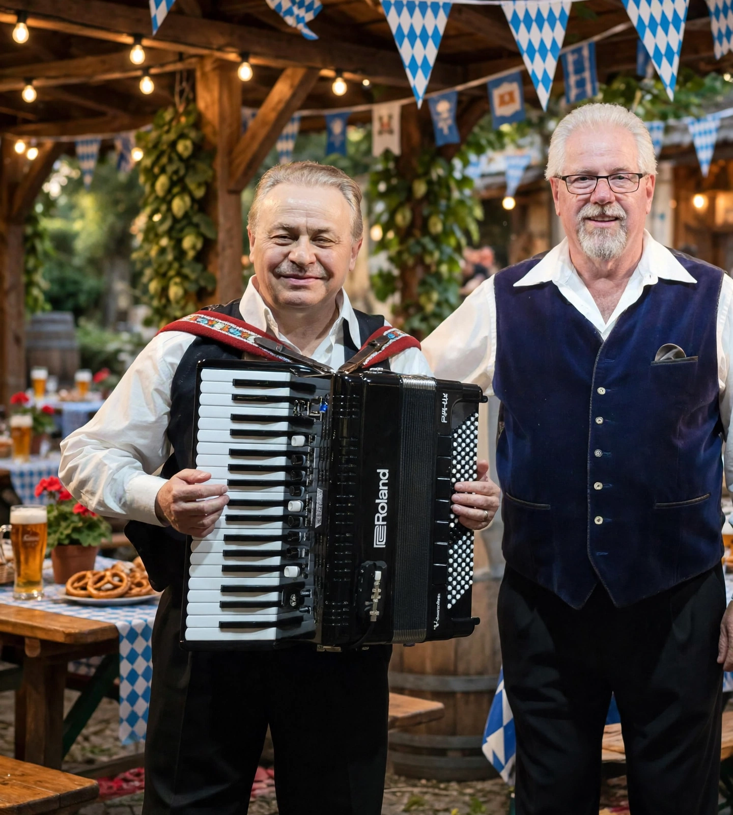 The Euro Express Band duo — Val Sigal with his Roland accordion and John Gunther, standing in an Oktoberfest beer garden with Bavarian bunting, string lights, pretzels and a stein behind them