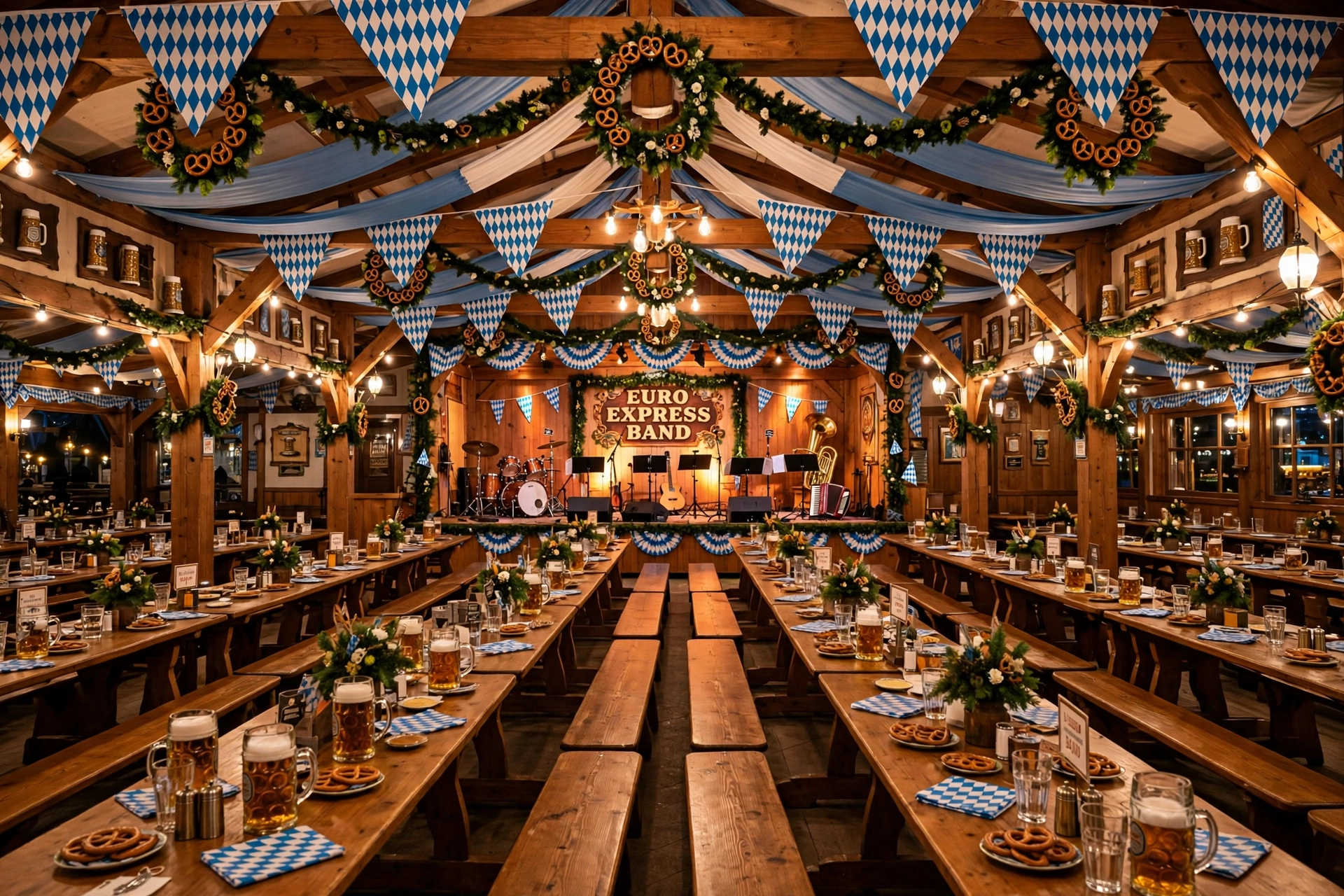 An Oktoberfest fest hall with Bavarian blue-and-white bunting and pretzel wreaths, long tables set with steins and pretzels, and a stage at the far end with a Euro Express Band sign