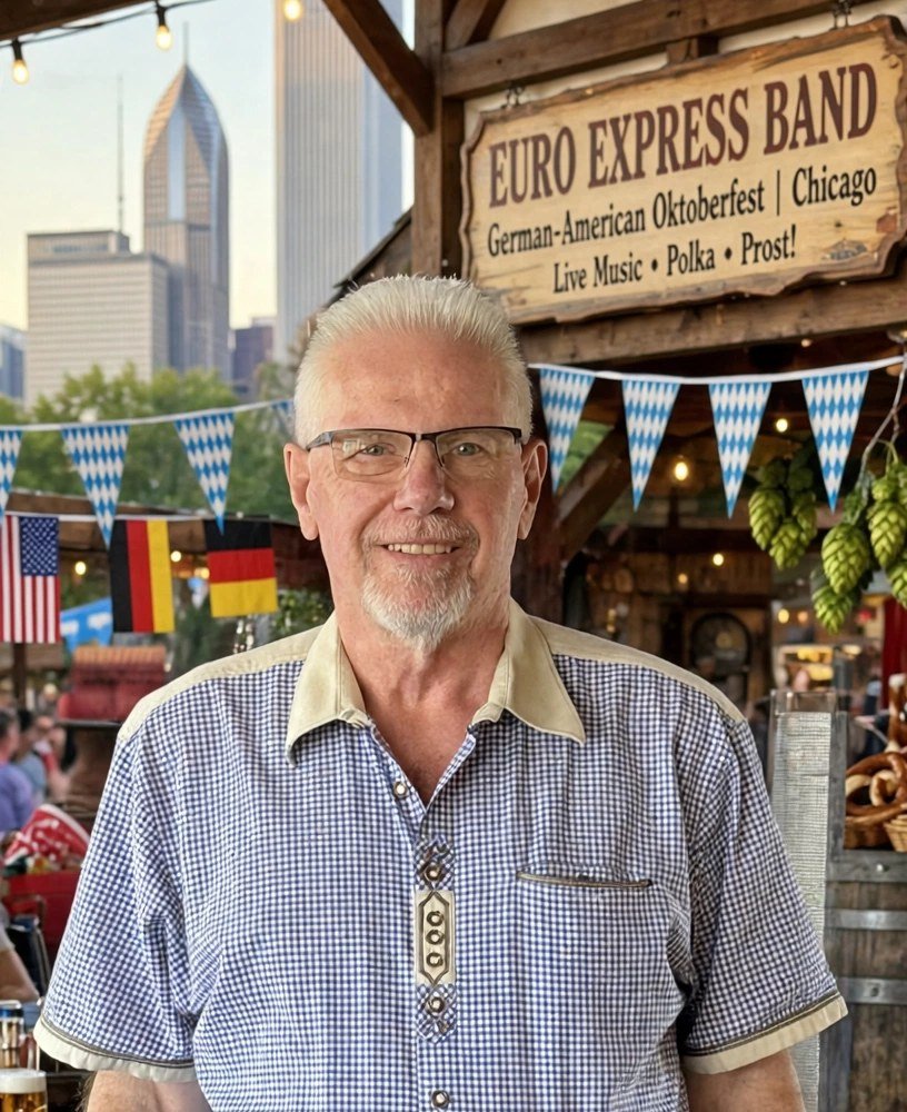 John Gunther in a gingham shirt and lederhosen, smiling in an Oktoberfest beer garden beneath the Euro Express Band sign, with Bavarian bunting and the Chicago skyline behind him