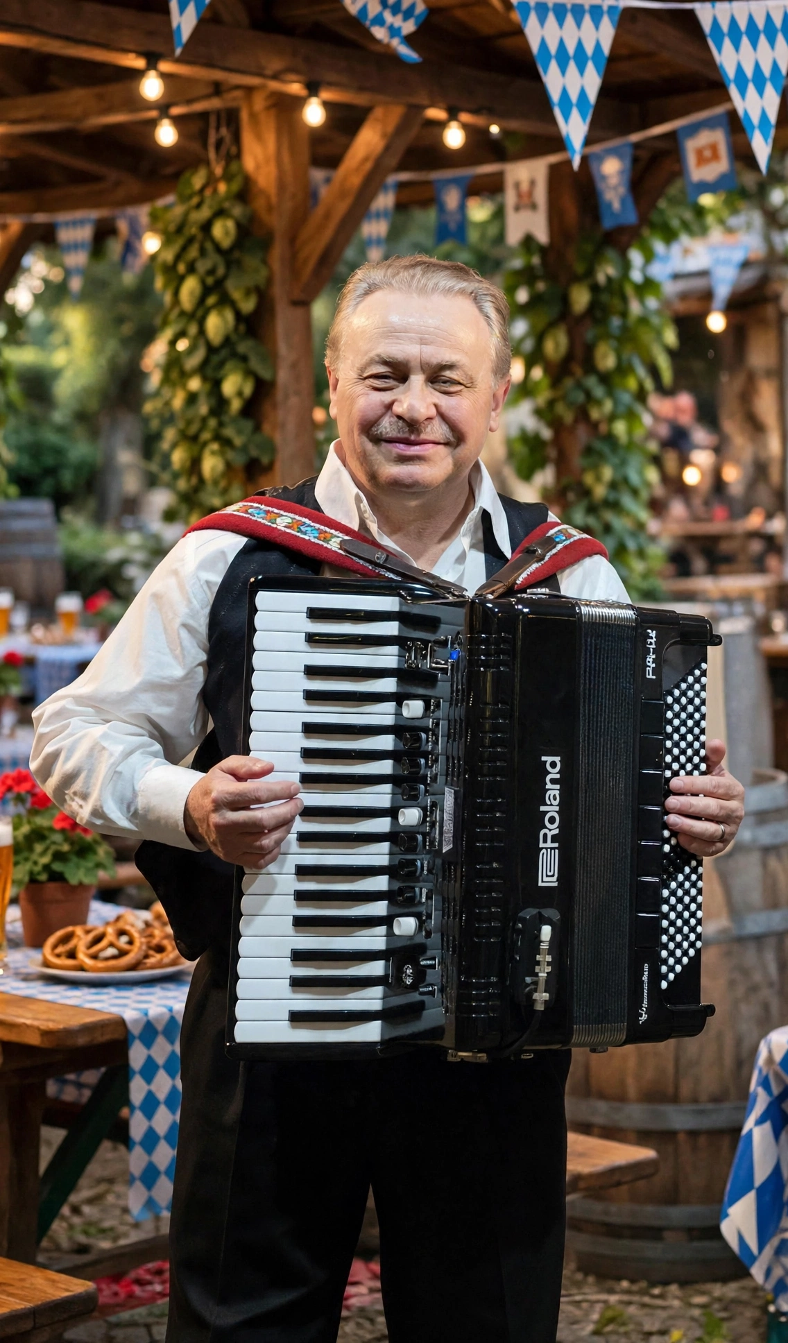 Val Sigal holding his Roland accordion in an Oktoberfest beer garden, with Bavarian bunting, string lights, pretzels and barrels behind him